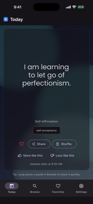 Mirmoi in dark mode, showing the affirmation of the day.