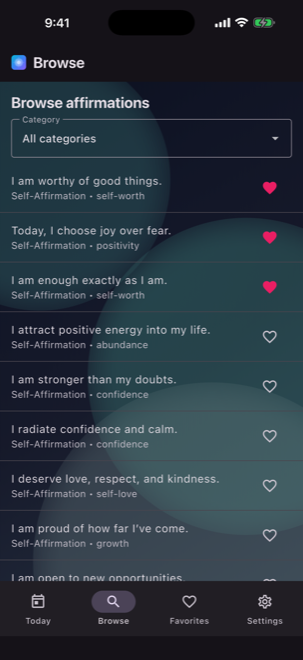Mirmoi's themed affirmation library, including self-worth, calm and gratitude.